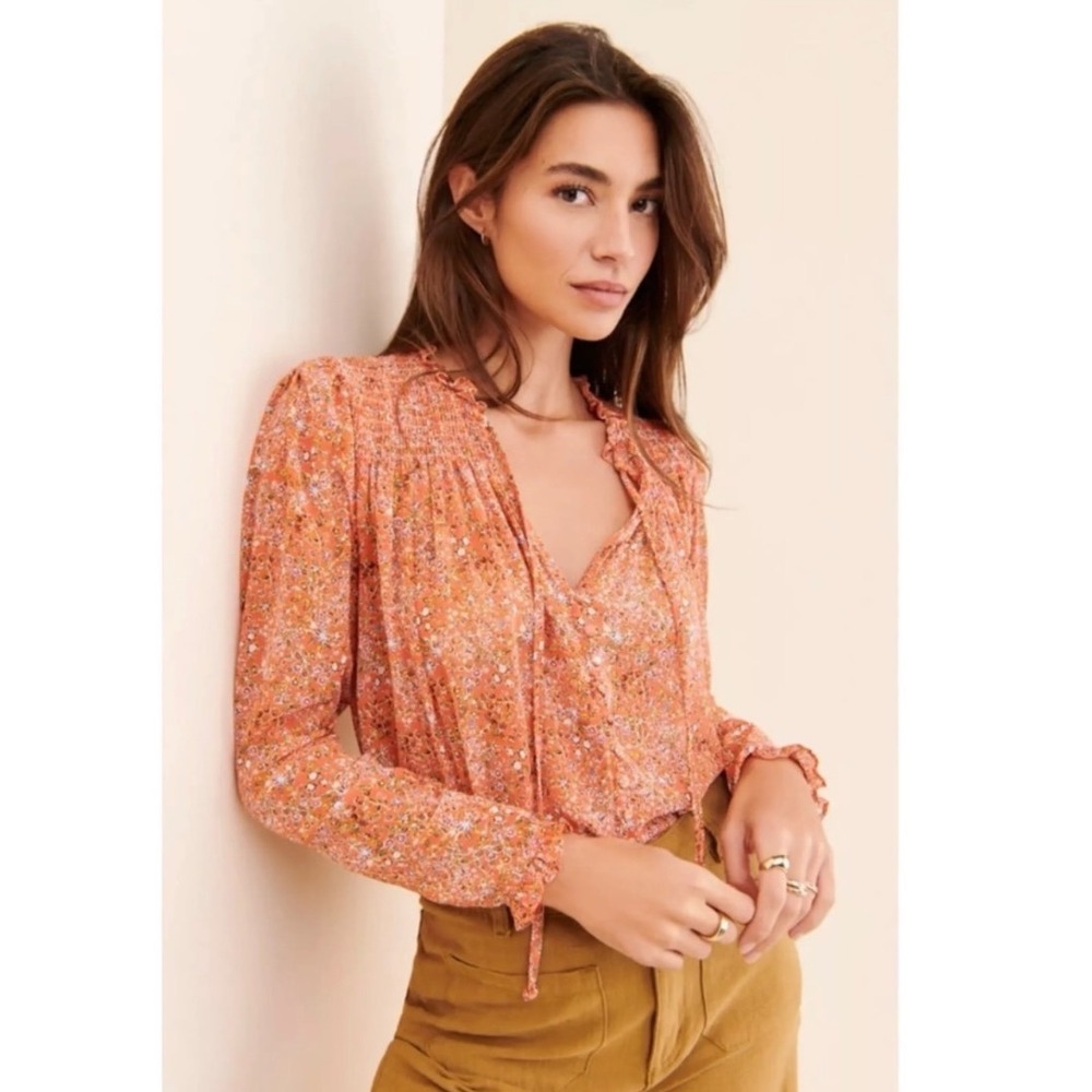 Free People Floral V Neck Button Down Asymmetric Hem Lela Blouse Coral Combo XS